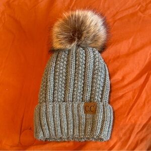 C.C Women’s Gray Knit Thick Plush Beanie with Brown Faux Fur Pom